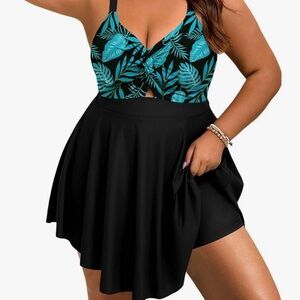 Elegant Black and Blue Leaf Print One-Piece Swim Dress